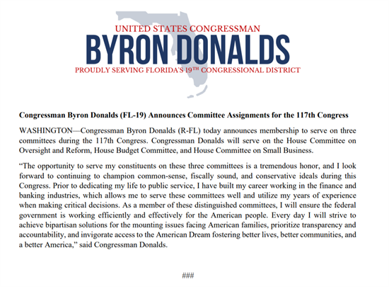 Congressman Byron Donalds announces Committee Assignments